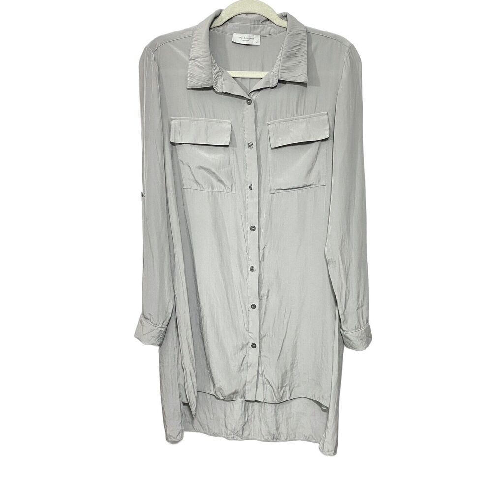 Lola & Sophie Women's Sz M Long Sleeve Button Up Shirt Top Blouse Hi Low Tunic